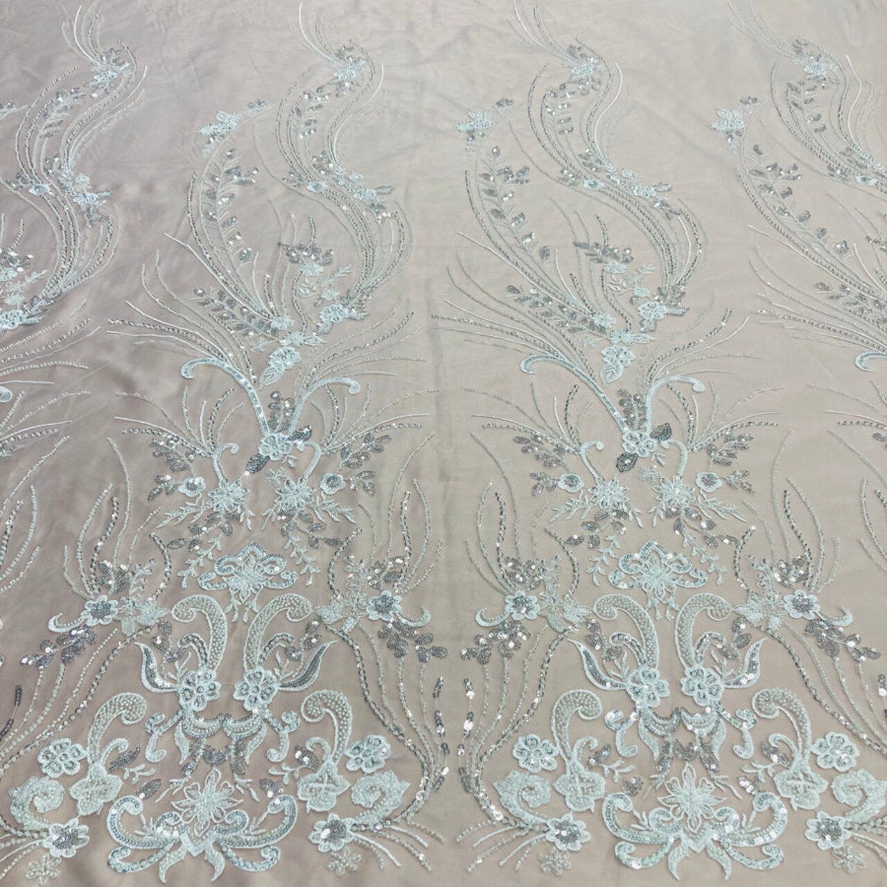 1 Yard Ivory Beaded Lace Fabric Embroidered on 100 Percent Polyester Net Mesh 54 Inch Width